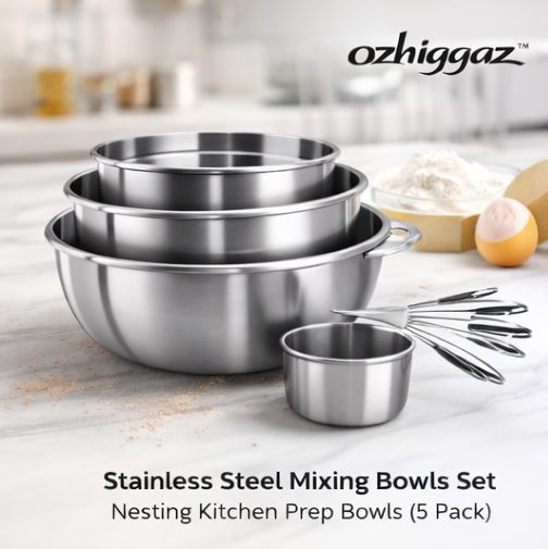 ozhiggaz™ Stainless Steel Mixing Bowls Set – Nesting Kitchen Prep Bowls (5 Pack)
