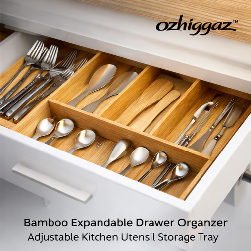 ozhiggaz™ Bamboo Expandable Drawer Organizer – Adjustable Kitchen Utensil Storage Tray