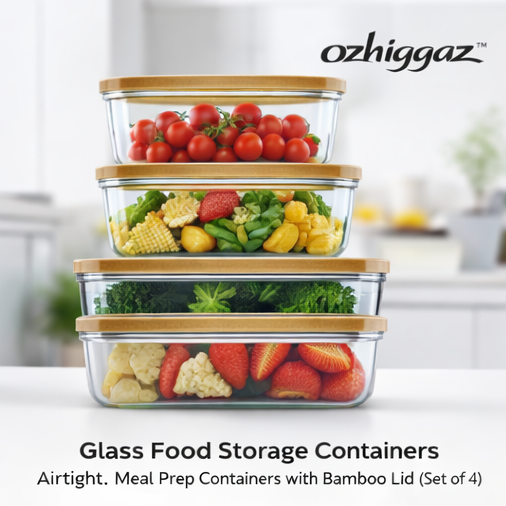 ozhiggaz™ Glass Food Storage Containers – Airtight Meal Prep Containers with Bamboo Lid (Set of 4)